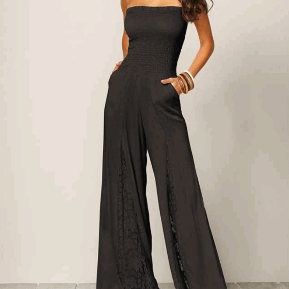 { VENUS } smocked lace jumpsuit BLACK small